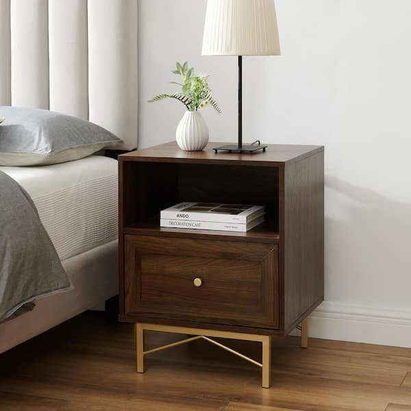 Welwick Designs 20 in. W.1 Drawer Dark Walnut Wood Nightstand with Gold Hardware