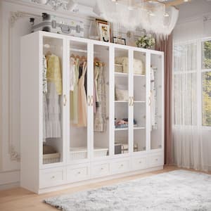 White Wood 94.4 in. W Tempered Glass Doors Big Armoires Wardrobe with Hanging Rods, Drawers 78.7 in. H x 19.7 in. D