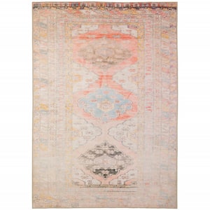 Pink and Blue  4 ft. x 6 ft. Oriental Power Loom Stain Resistant Area Rug