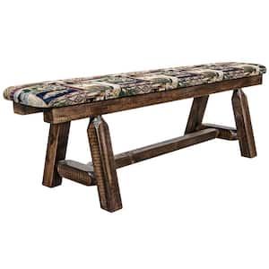 Homestead Collection 18 in. H Brown Wooden Bench w/ Woodland Pattern Upholstered Seat, 5 ft. Length