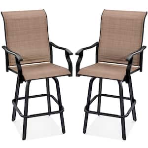 Tan Metal Outdoor Swivel Patio Bar Stool Chairs with 360-Degree Rotation, All-Weather Mesh (2-Pack)