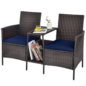 Brown 1-Piece Wicker Patio Conversation Set Seat Sofa Loveseat Glass Table Chair with Navy Cushions