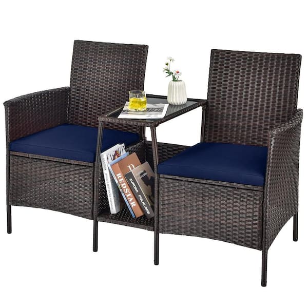 Alpulon Brown 1-Piece Wicker Patio Conversation Set Seat Sofa Loveseat Glass Table Chair with Navy Cushions