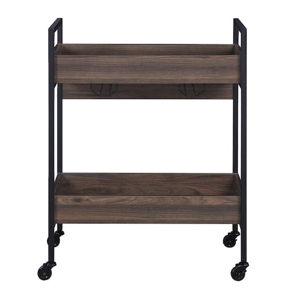 Walnut and Black Finish Metal Frame Kitchen Cart with Cup Holder and Wheels,2-Tier Shelf