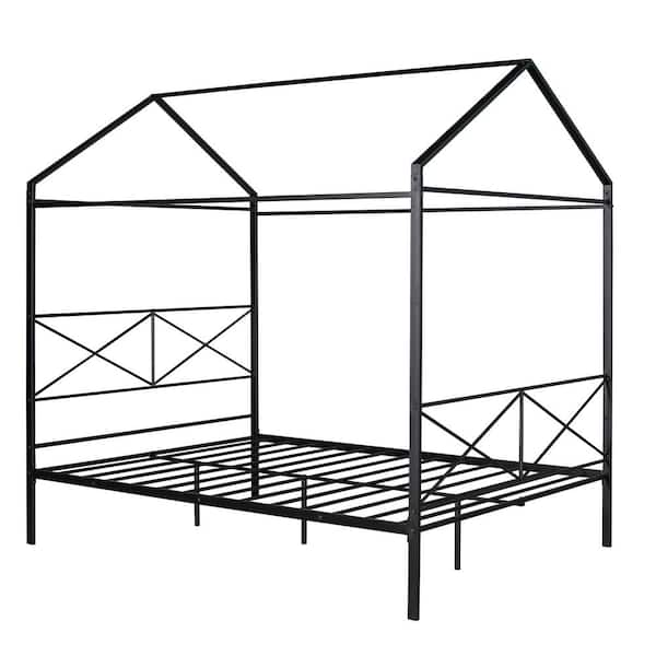 Angel Sar 81.1 in. W Black Metal Frame Queen Platform Bed with Roof, X-Shaped Headboard and Footboard