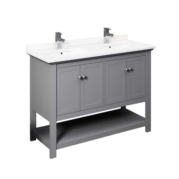 Fresca Manchester 48 in. W Bathroom Double Bowl Vanity in Gray with Quartz Stone Vanity Top in White with White Basins