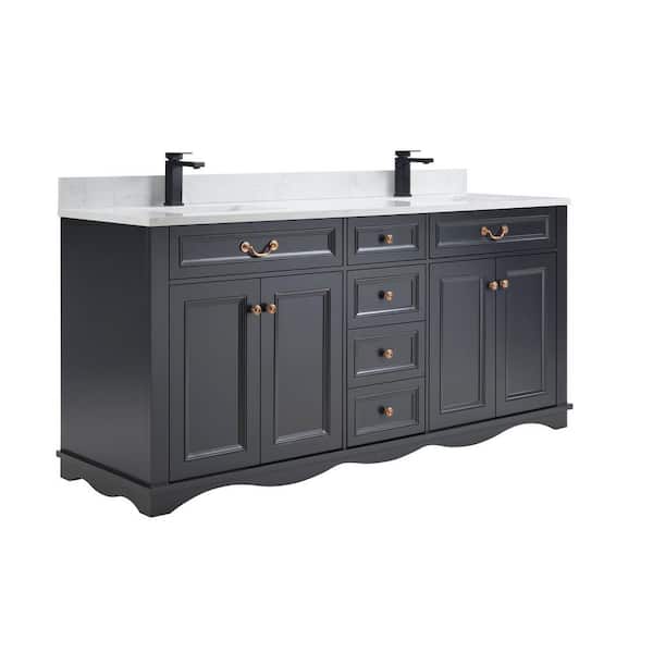 French Contemporary 72 in. Freestanding Tricorn Black Bath Vanity with White Artificial Stone Top Assembled Bath Vanity