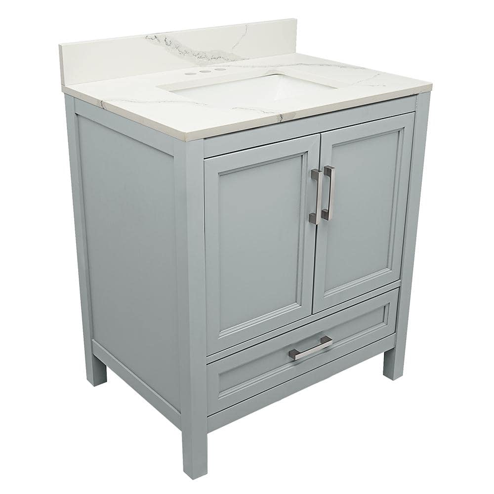 Salerno 37 in. W x 22 in. D Bath Vanity in Grey with Quartz Stone Vanity Top in Calacatta White with White Basin -  Amluxx, SL37GR-QT37WCB