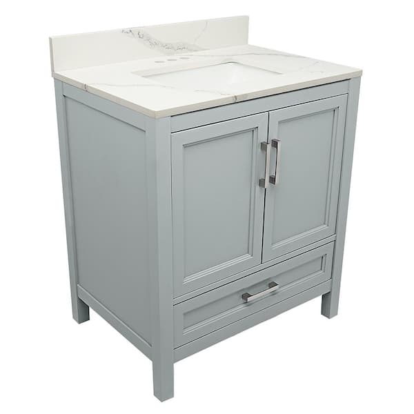 Amluxx Salerno 37 in. W x 22 in. D Bath Vanity in Grey with Quartz Stone Vanity Top in Calacatta White with White Basin