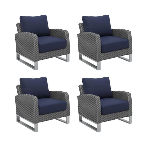 Benjara Fiji Gray Comfortable Wicker and Aluminum Outdoor Lounge Chair with Blue Cushion (4-Pack)