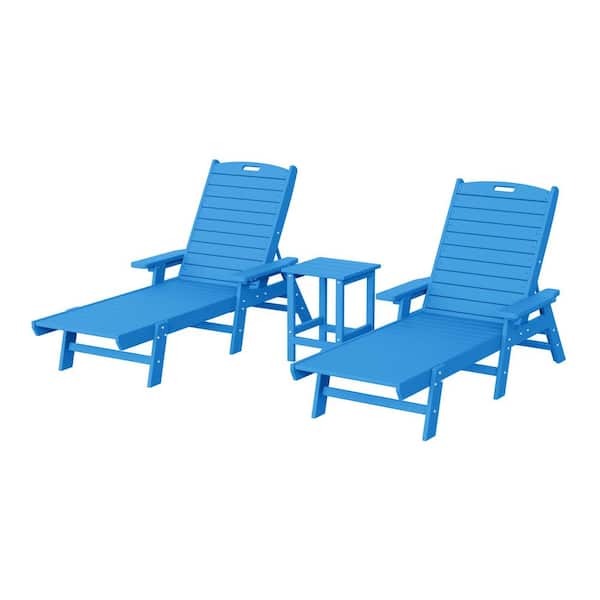 Harlo 3-Piece Pacific Blue Fade Resistant HDPE Plastic Reclining Outdoor Patio Chaise Lounge Arm Chair and Table Set