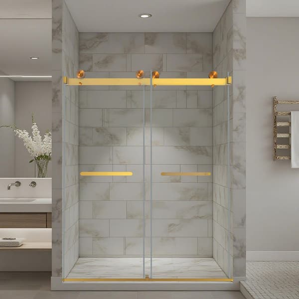 56-60 in W x 74 in H Dual Sliding Frameless Shower Door in Brushed Gold with (8 mm) Clear Glass