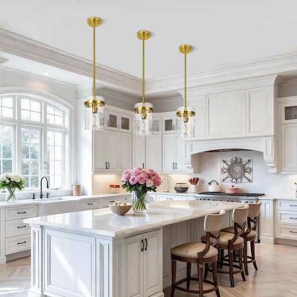 Rayhome 5.9 in. 1-Light Modern Gold Adjustable Pendant Light with Hammered Hand-Blown Glass Shade for Kitchen Island