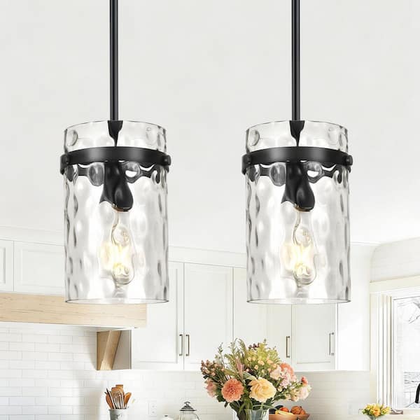 RayHome 2-Pack Black Pendant Light Modern Hammered Glass Shade Adjustable Height for Kitchen and Dining