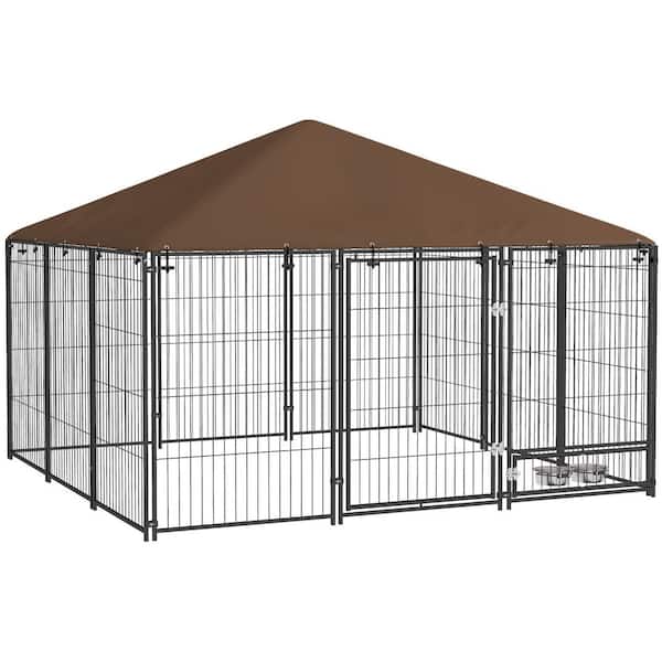 Outdoor Dog Kennel, 6.9 ft. x 6.9 ft. x 5 ft. Puppy Play Pen w/ Canopy Garden Playpen Fence Crate Enclosure Cage, Coffee