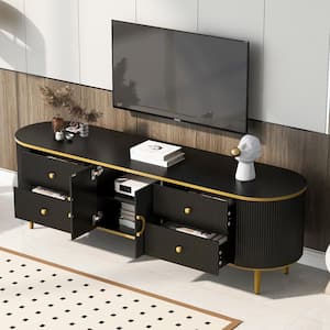 Black TV Stand Fits TVs up to 80 in. with Vertical Groove Patterns, 4-Storage Drawer, Cabinet, Gold Metal Legs, Handles