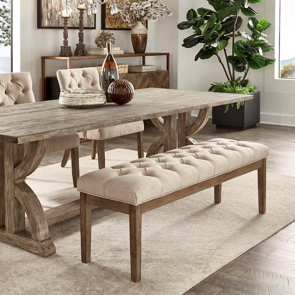 HomeSullivan Gray Wash Finish Beige Premium Tufted Reclaimed Look 52-in. Upholstered Bench 53.5 in. W x 16 in. D x 19 in. H