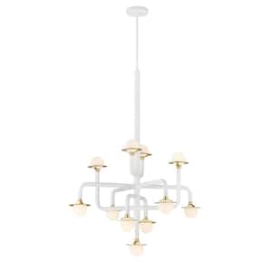 Tubular 100-Watt Equivalence Integrated LED Matte White and Honey Gold 11-Light Chandelier with Etched Opal Glass Shades