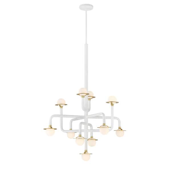 George Kovacs Tubular 100-Watt Equivalence Integrated LED Matte White and Honey Gold 11-Light Chandelier with Etched Opal Glass Shades