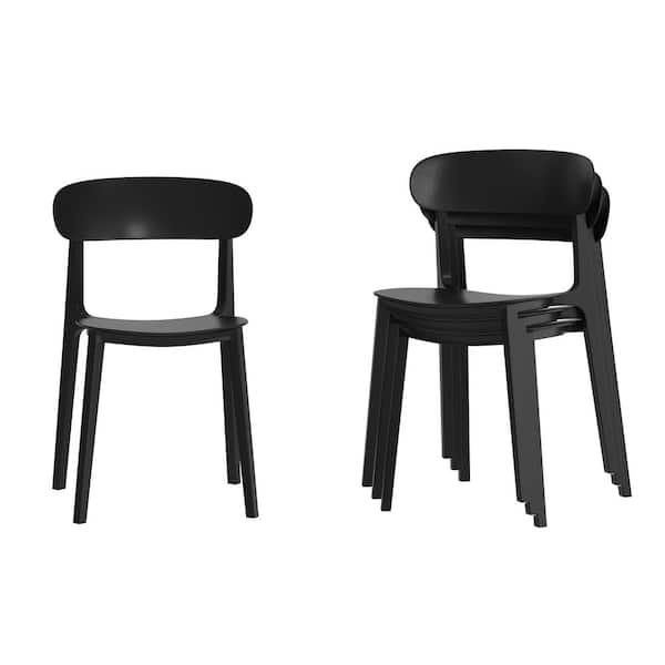 Black with Curved Backrest Indoor-Outdoor Stacking Patio Chair in Black Set of 4