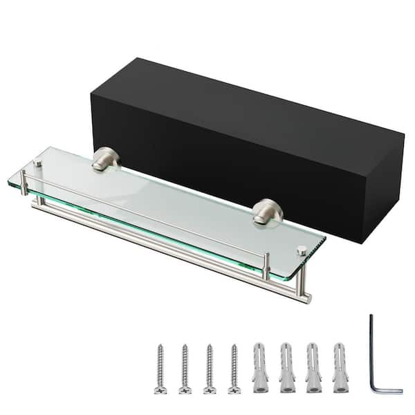 20 in. Wall Mounted Tempered Glass Bathroom Shelf with Towel Bar in Brushed Nickel, Stainless Steel Tower Holder