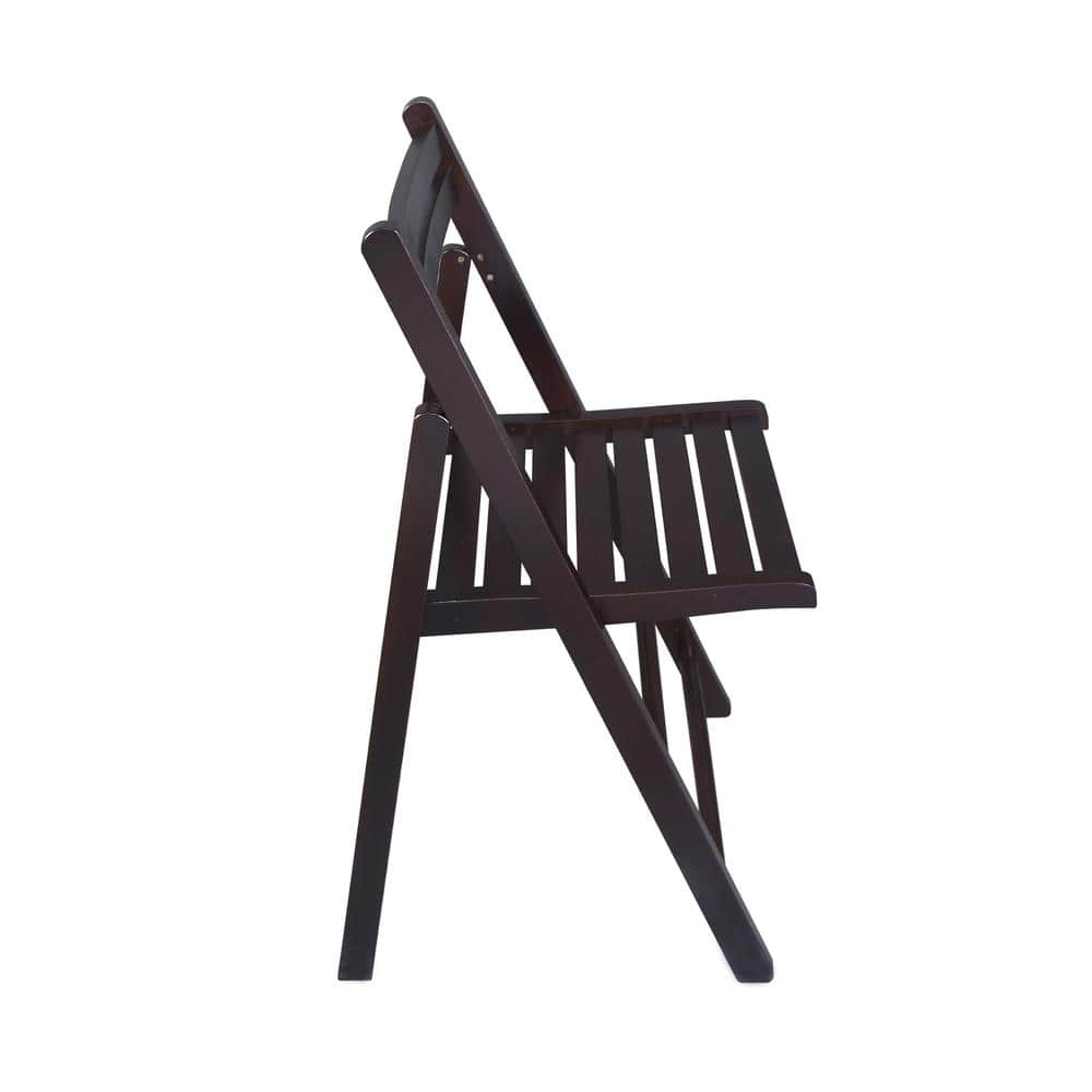 Espresso wooden folding chair shown from a side profile.
