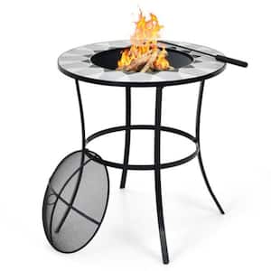 23.5 in. Outdoor Steel Fire Pit Dining Table with Mesh Cover and Fire Poker