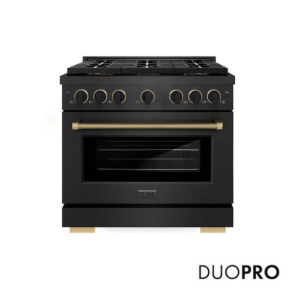 Designer 36 in. 5.2 cu. ft. Dual Fuel Range with 6 Burner DuoPro Cooktop in Black Satin with Black and Champagne Accents