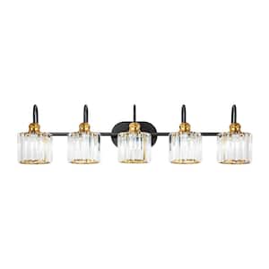 Katherine 37.4 in. 5-Light Modern Black with Gold Bathroom Vanity Light with Round Crystal Shades