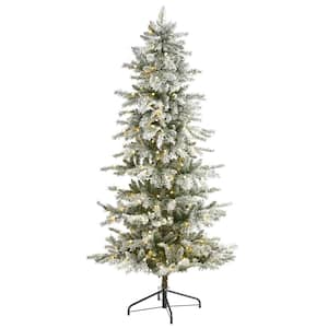 6.5 ft. Pre-Lit Slim Flocked Nova Scotia Spruce Artificial Christmas Tree with 300 Warm White LED Lights