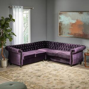 Amberside 3-Piece Blackberry Velvet 4-Seat L Shaped Reversible Sectionals with Armrests