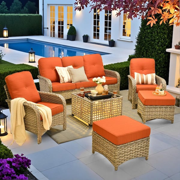 Beverly Gray 6-Piece Wicker Outdoor Patio Conversation Sofa Seating Set with Ottomans and Orange Red Cushions