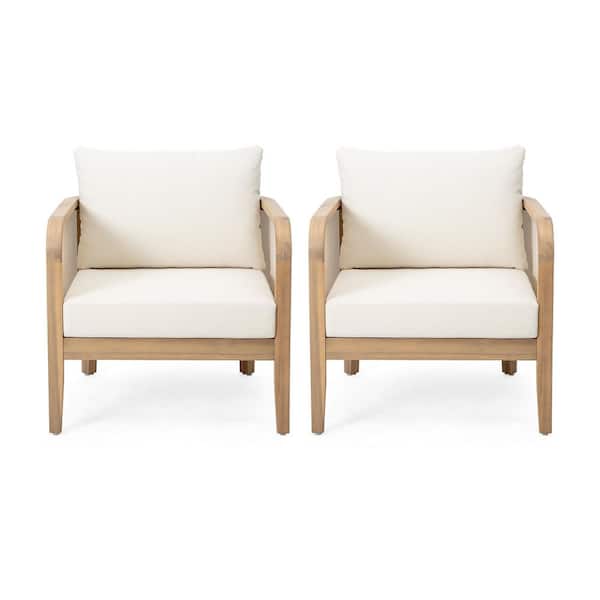 Brown Wood Outdoor Lounge Chair Club Chairs with Beige Cushions (2-Pack)