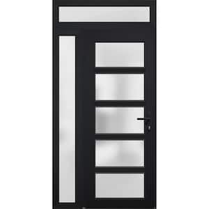 42 in. x 94 in. Left-hand/Inswing Side and Transom Frosted Glass Black Steel Prehung Front Door with Hardware