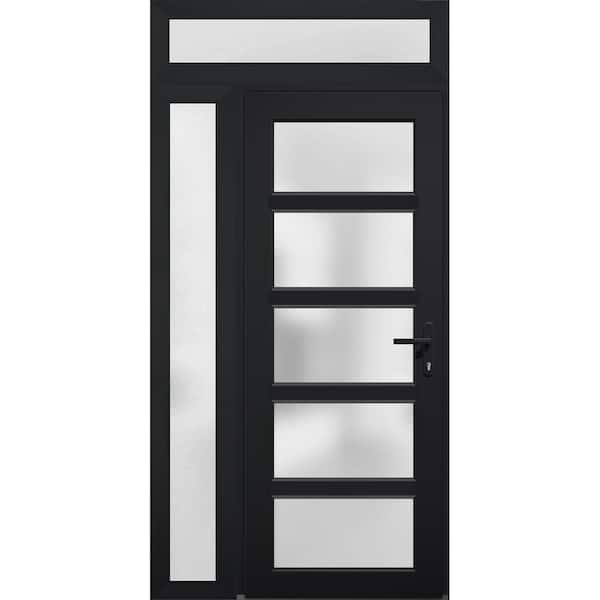 VDOMDOORS 50 in. x 94 in. Left-Hand/Inswing Side and Transom Frosted Glass Black Steel Prehung Front Door with Hardware