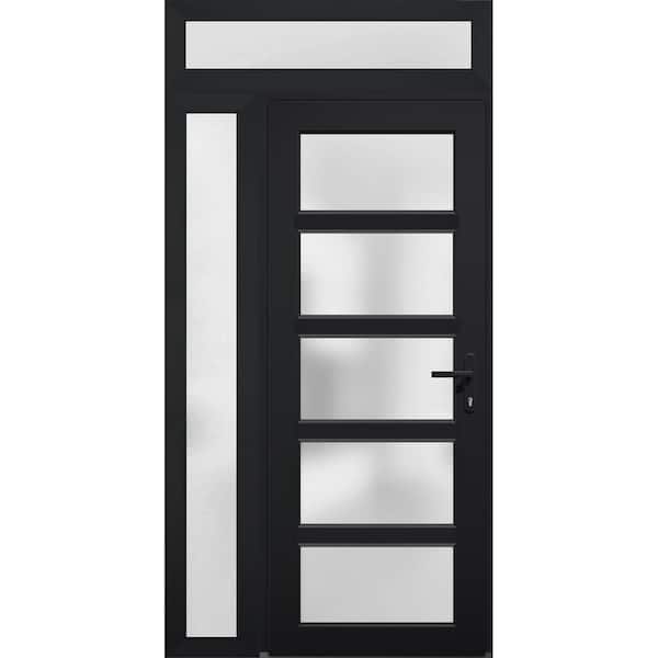 50 in. x 94 in. Left-Hand/Inswing Side and Transom Frosted Glass Black Steel Prehung Front Door with Hardware