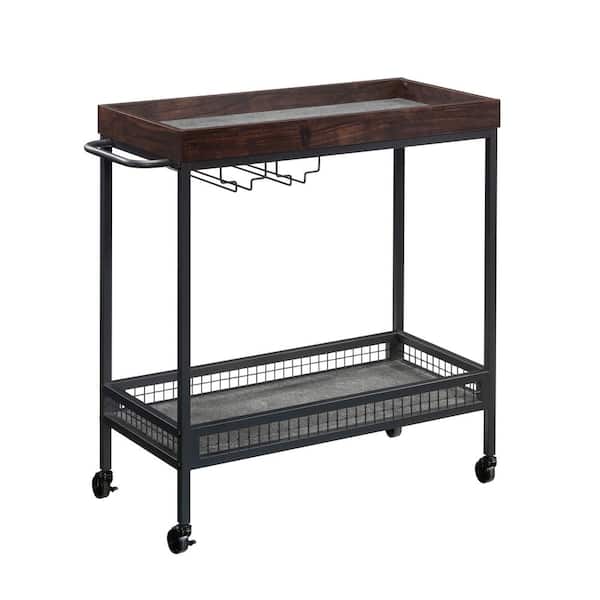 SAUDER Market Commons Rich Walnut Bar Cart with Hanging Racks and Casters