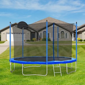 12 ft. Blue Round Trampoline with Safety Enclosure Net and Basketball Hoop