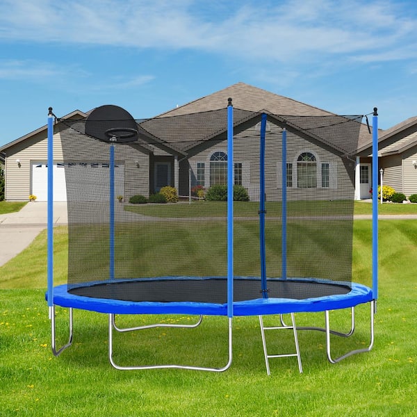12 ft. Blue Round Trampoline with Safety Enclosure Net and Basketball Hoop
