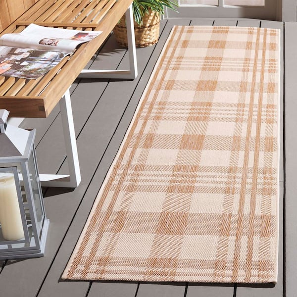 Courtyard Natural/Beige 2 ft. x 5 ft. Plaid Indoor/Outdoor Runner Rug