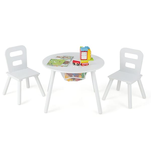 Costway Kids Wooden White Round Table and 2 Chair Set with Center Mesh Storage