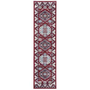 Kazak Red/Blue 2 ft. x 8 ft. Border Persian Oriental Runner Rug