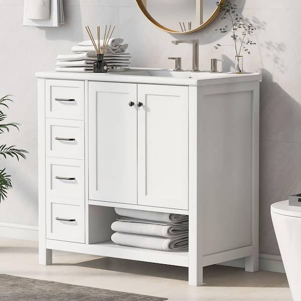 EPOWP 36 in. W x 18 in. D x 34 in. H Single Sink Freestanding Bath Vanity in White with White Ceramic Top and Storage