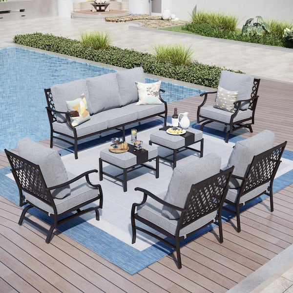 PHI VILLA Black Meshed 9-Seat 7-Piece Metal Outdoor Patio Conversation ...