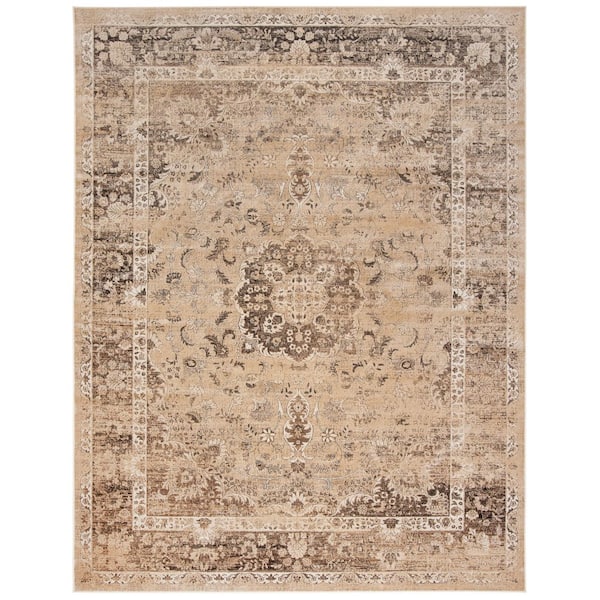 Vintage 11 ft. x 15 ft. Warm Beige Distressed Floral Border Area Rug