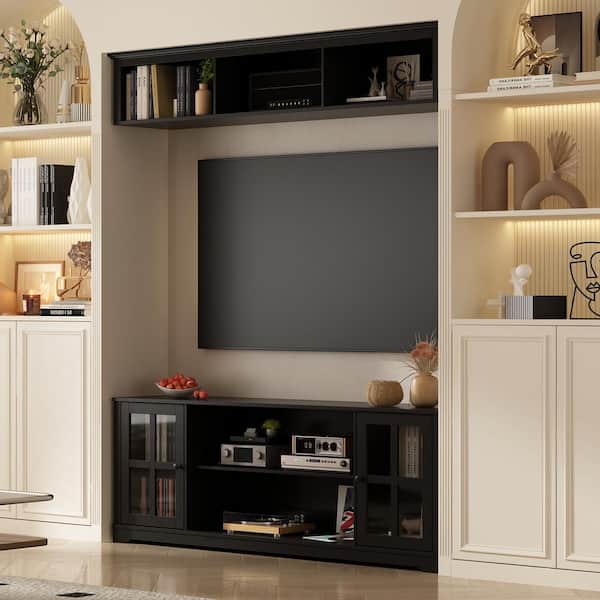 FUFU&GAGA Gray Wooden TV Stand Fits TV's up to 75 in. with Open Shelves and Tempered Glass Door Cabinet