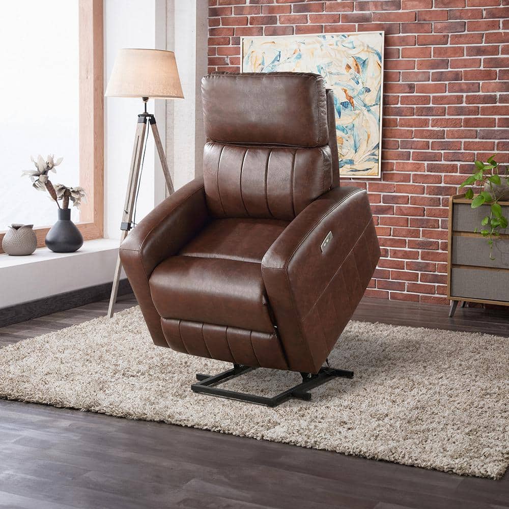 Brown Faux Leather Power Lift Recliner with Wood Frame