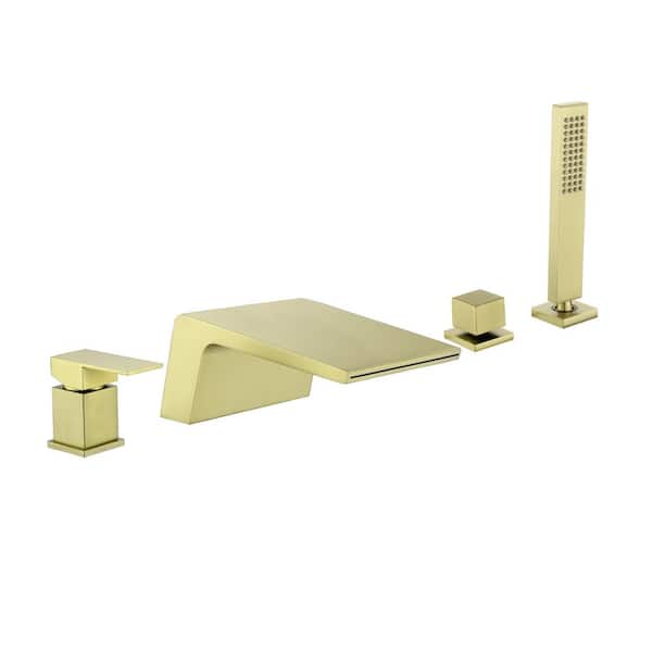 FORCLOVER Single-Handle Deck-Mount Roman Tub Faucet with Handheld Shower Head and Valve in Brushed Gold