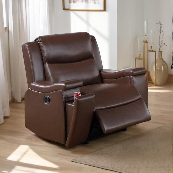 Benjara Renna Camel Brown Faux Leather Glider Recliner Chair with Cup Holders