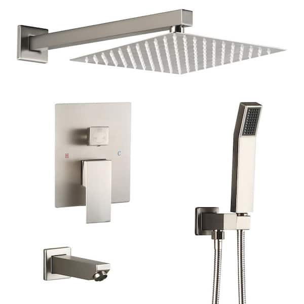 AKLFGN Single-Handle 3-Spray Tub and Shower Faucet with 10 in. Rain Shower Heads 2.0 GPM in. Brushed Nickel (Valve Included)